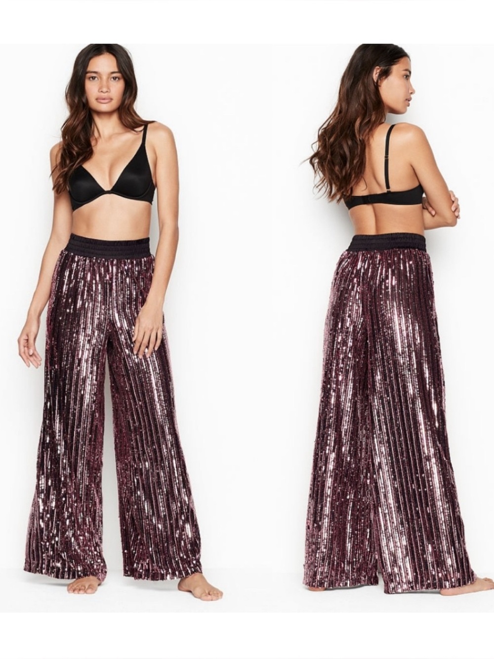 Victoria Secret rose Gold Black Elastic Waistband Sequin Wide-Leg Pants Sz L